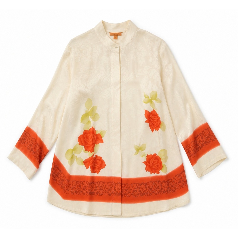 Harari 100% Silk Floral Blouse Hidden Button Cream Orange Size L - Picture 2 of 16